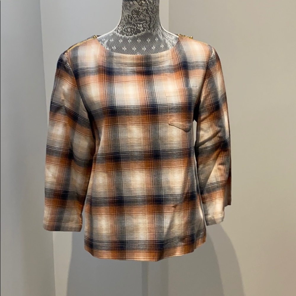 LL Bean plaid top with gold detail